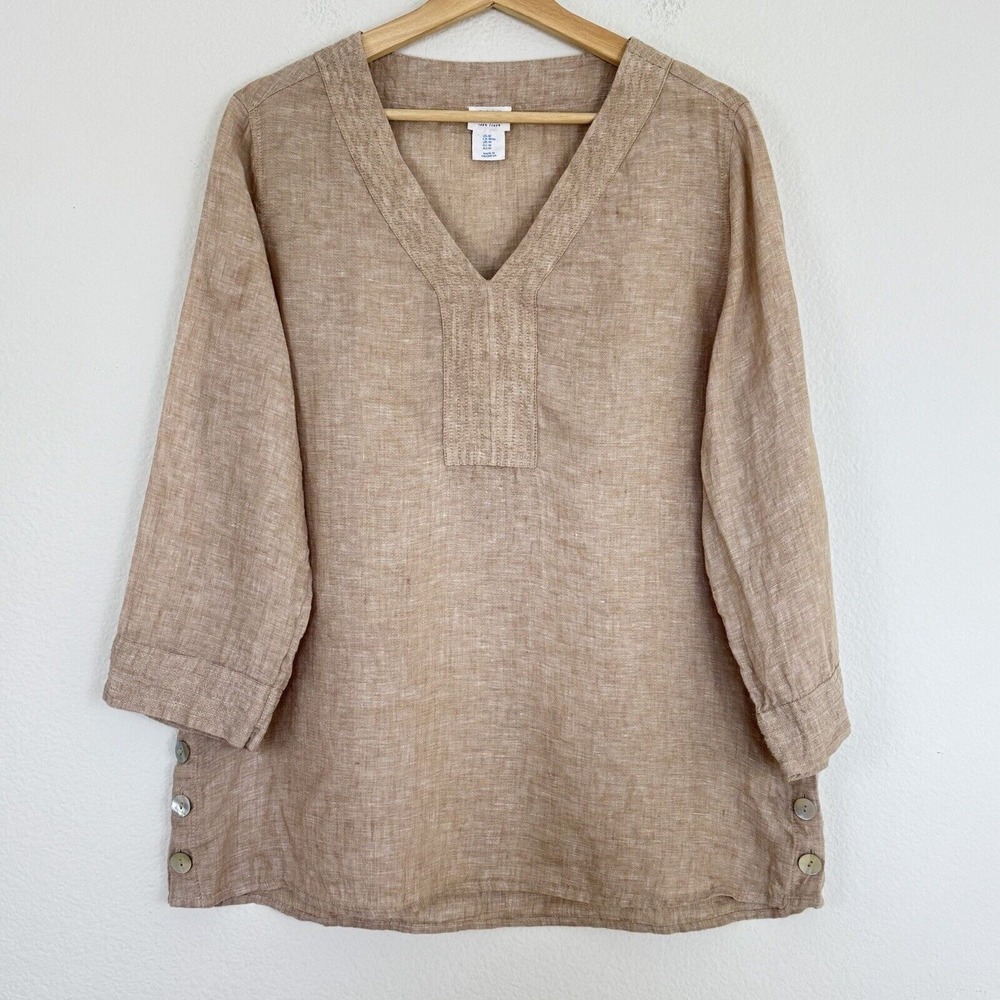 Sigrid Olsen 100% Linen Popover Blouse Shirt Top Size M Beige Pullover Lagenlook